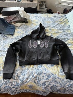Lost Intricacy Rhinestone Zip Crop Hoodie in Black with Purple Accent